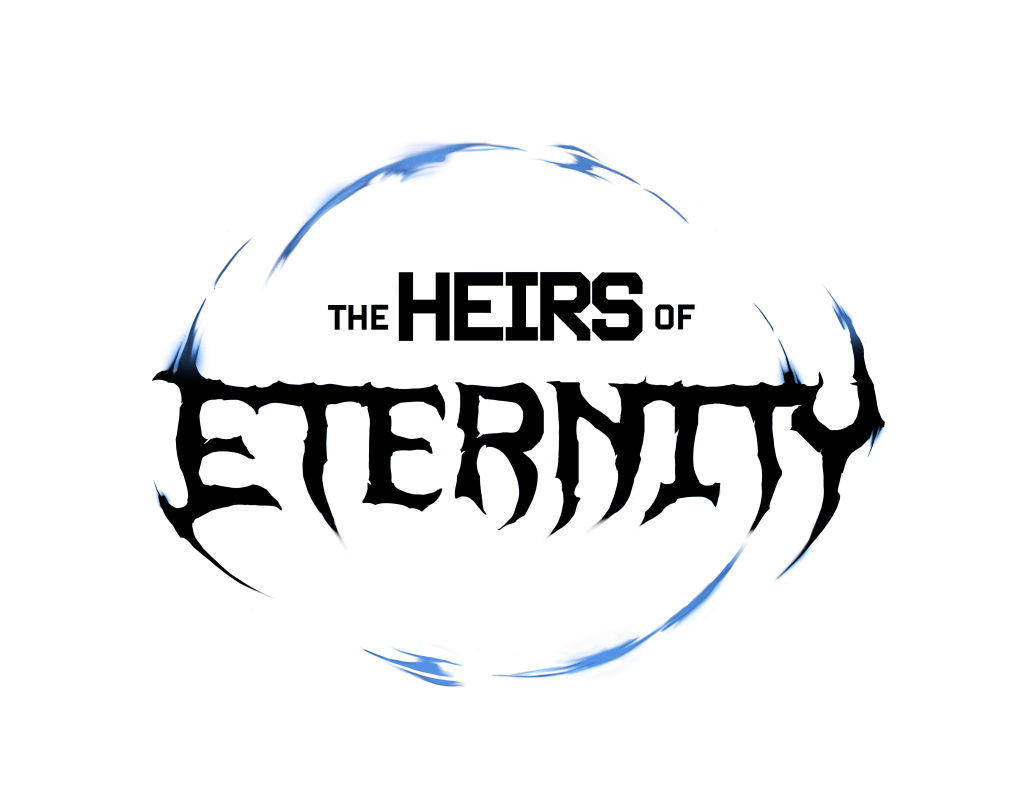 Logo design for 'The Heirs of Eternity' featuring bold typography and a swirling blue graphic element.